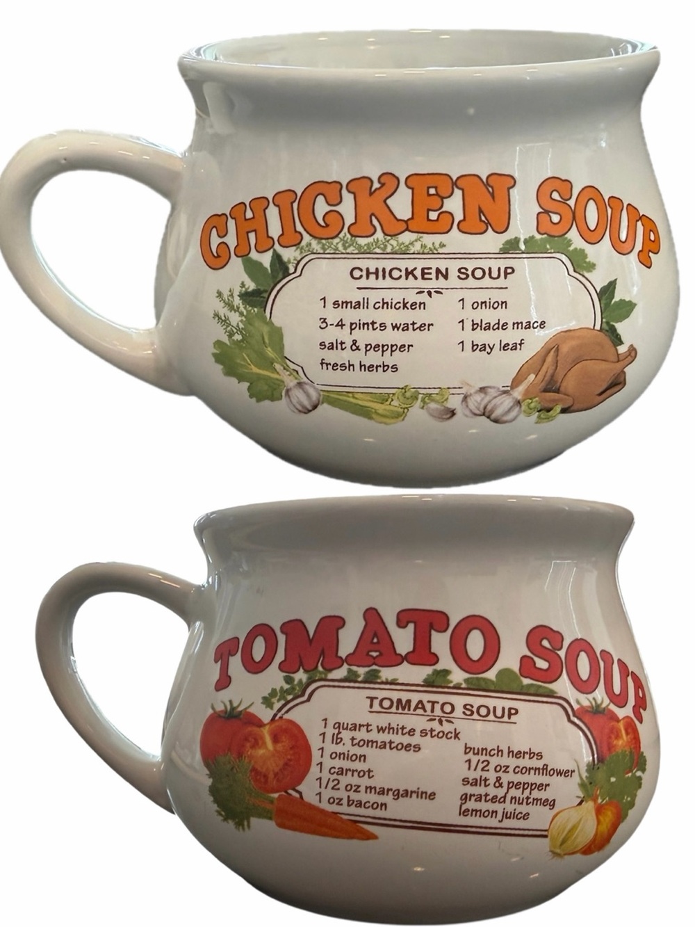 Recipe Soup Mugs Bowls Chicken Soup and Tomato Soup Set of 2 Vintage Handled
